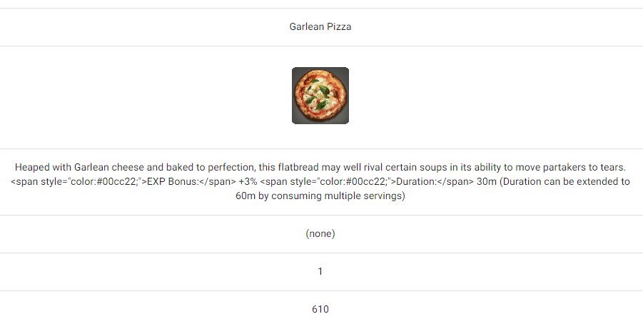 A screenshot showing information on Garlean Pizza in the item search tool. The description is not displaying properly.