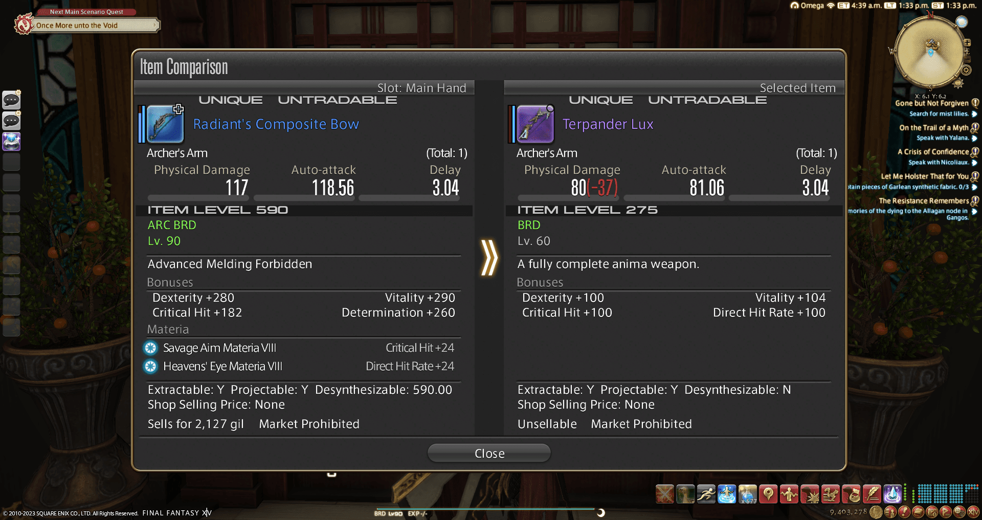 An ingame screenshot of the Item Comparison interface.