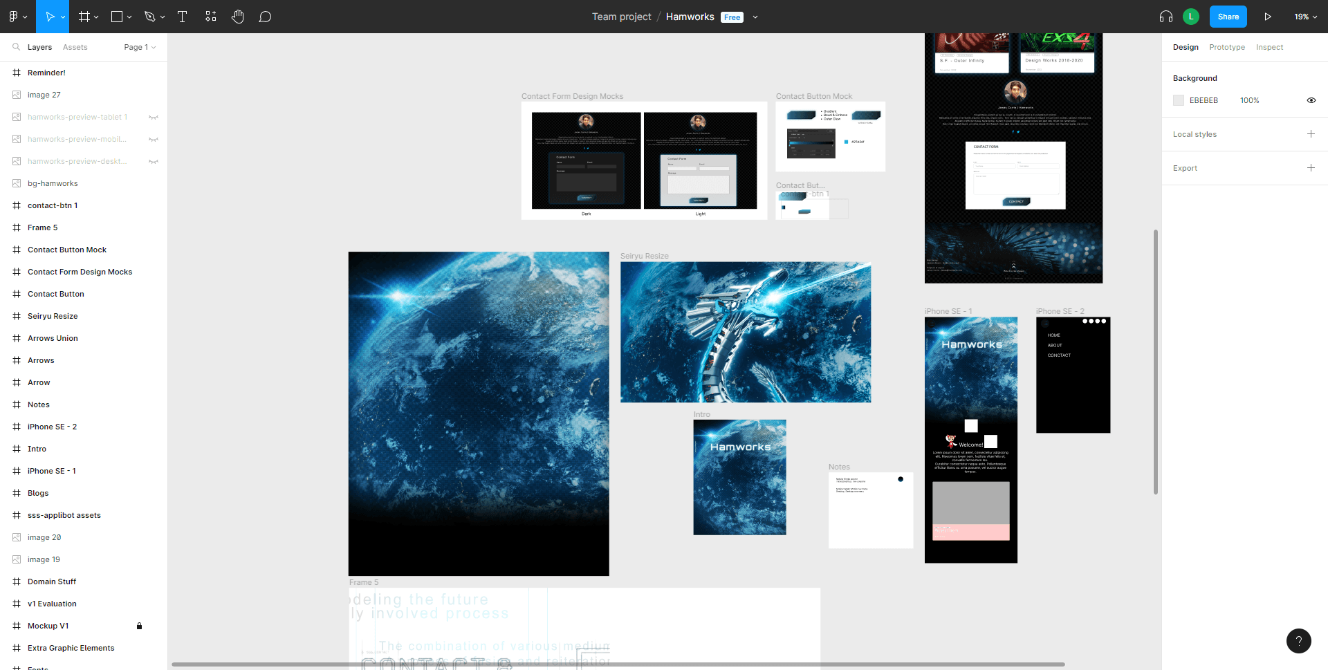 A screenshot of the figma file canvas showing early versions of the Hamworks introduction section and the contact form.