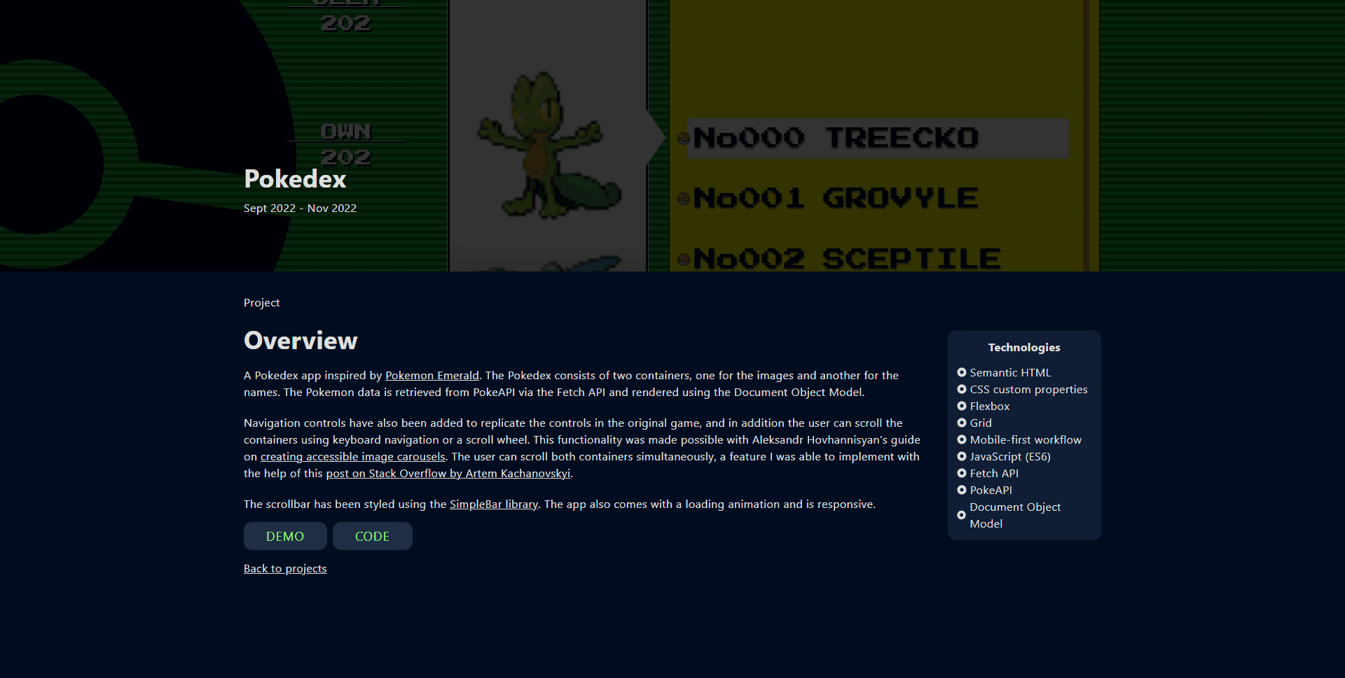 A screenshot of the pokedex project page on desktop dimensions.