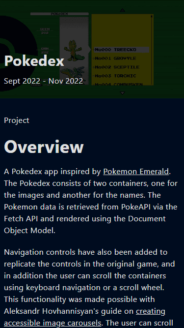 A screenshot of the pokedex project page on mobile dimensions.