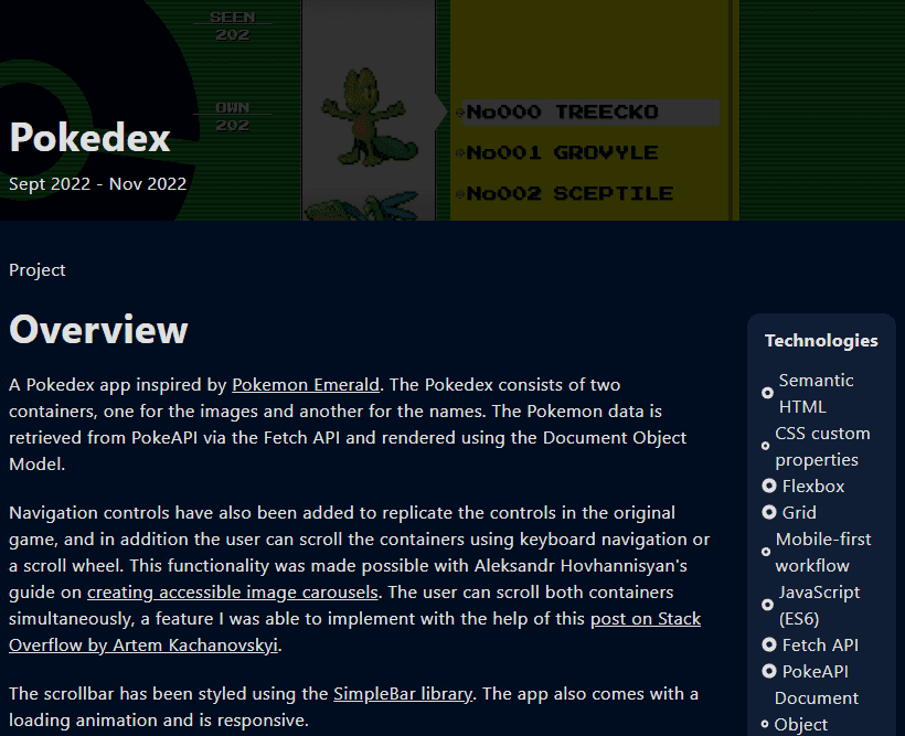A screenshot of the pokedex project page on mobile dimensions.