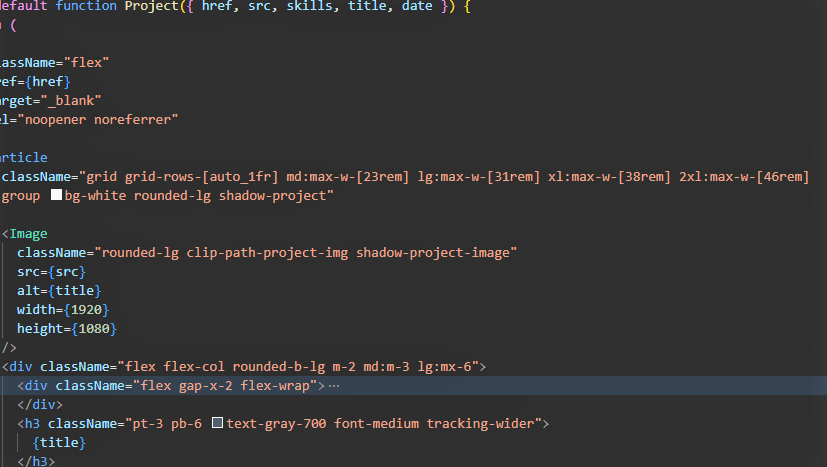 A screenshot of the source code showing a React function component called Project.